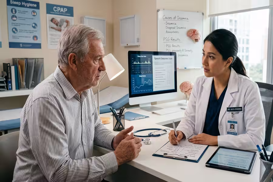 A medical doctor evaluating clinical symptoms of sleep disorders and insomnia.