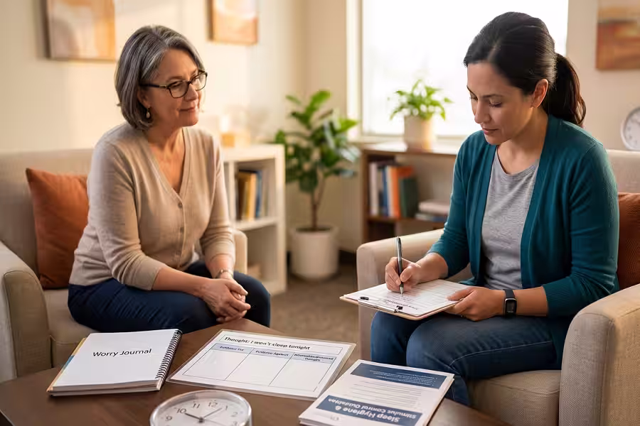 A patient practicing cognitive restructuring and behavioral interventions for insomnia.
