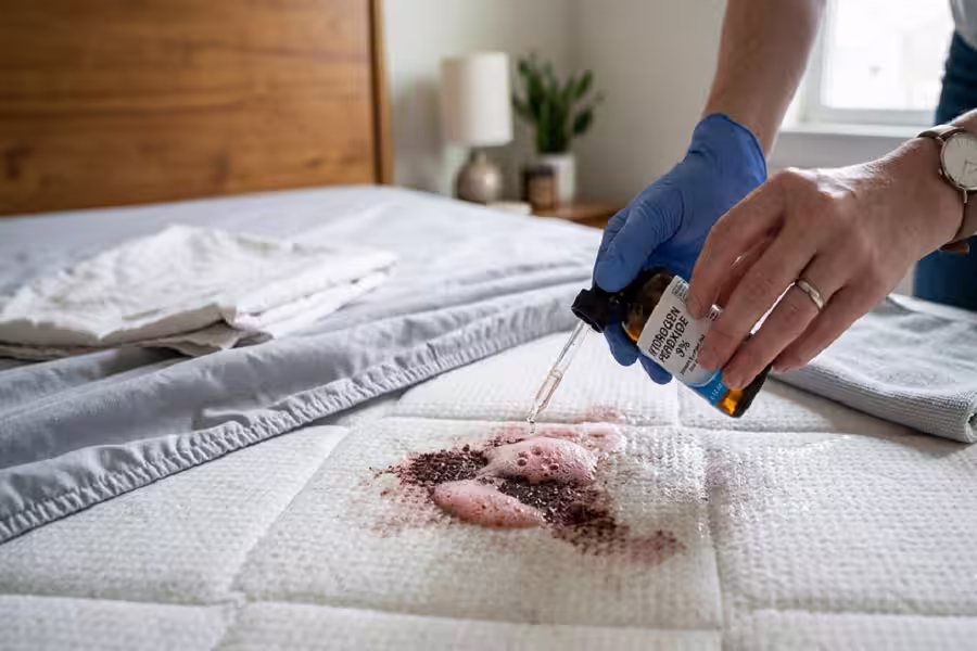 Applying hydrogen peroxide to remove blood from mattress fabric