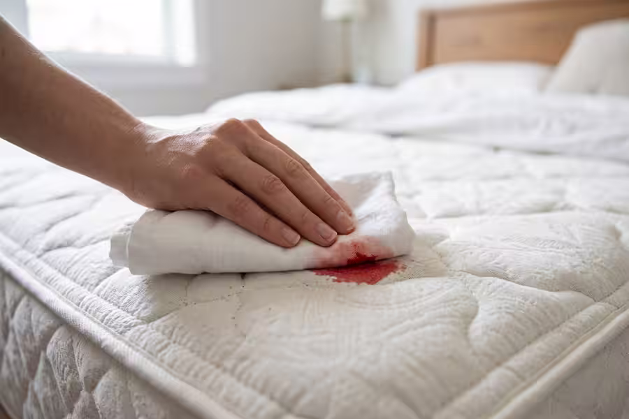 Blotting a fresh blood stain on a mattress