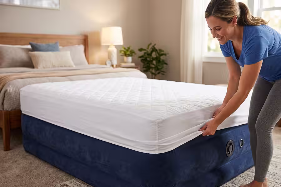 Installing a waterproof mattress protector on an airbed