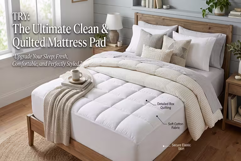Clean quilted mattress pad on a styled bed