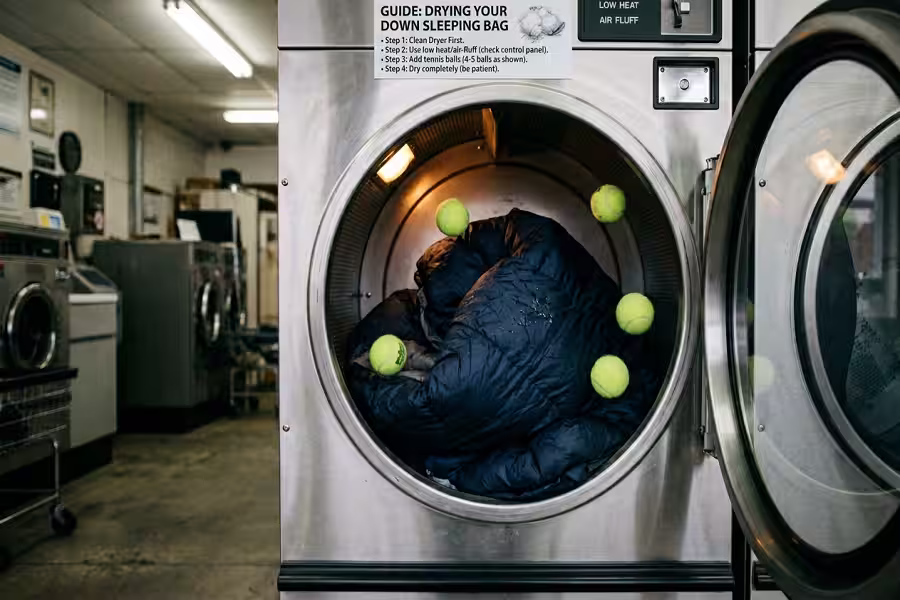 Drying a down sleeping bag in a dryer with tennis balls to restore loft