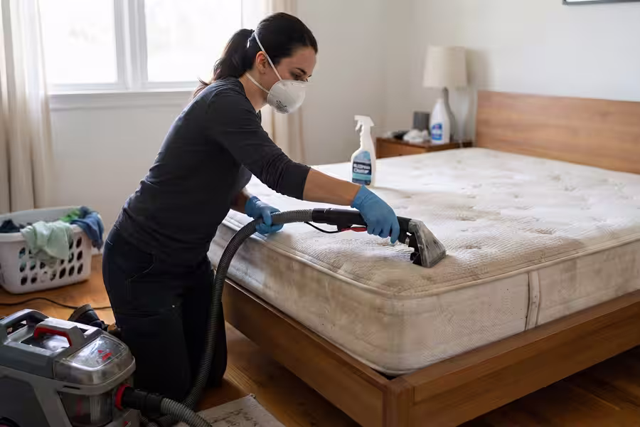 Person wearing N95 mask and gloves while cleaning mattress