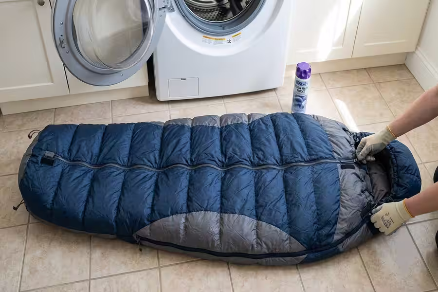 Preparing a down sleeping bag for washing by zipping up all fasteners