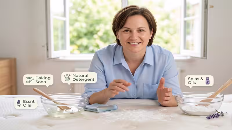 Sarah Collins explaining how to clean a mattress with laundry detergent naturally.