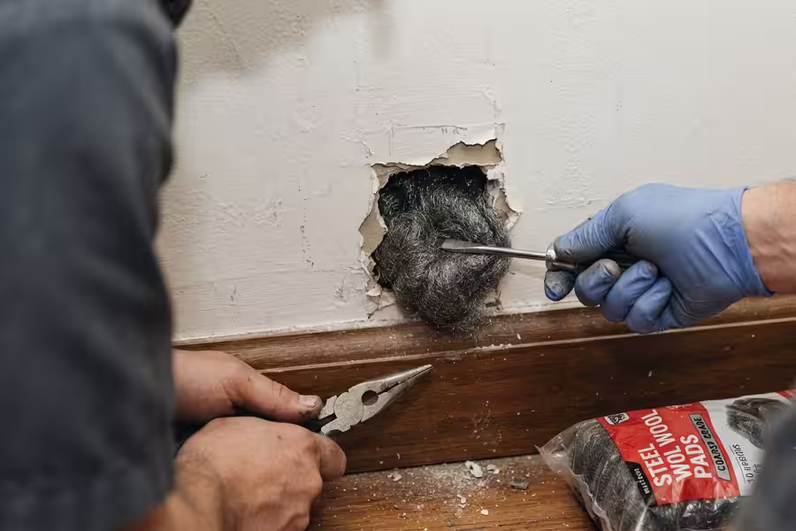 Sealing wall holes with steel wool to prevent mouse entry