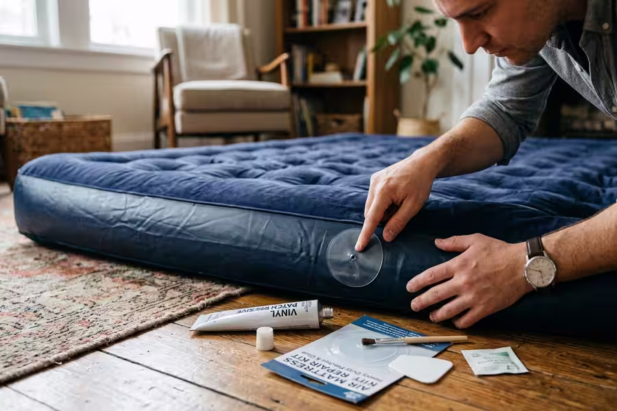Applying a vinyl patch to a deflated air mattress