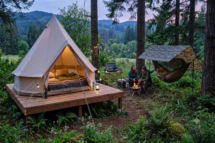 Camping setup showing alternative sleeping options for environmental suitability