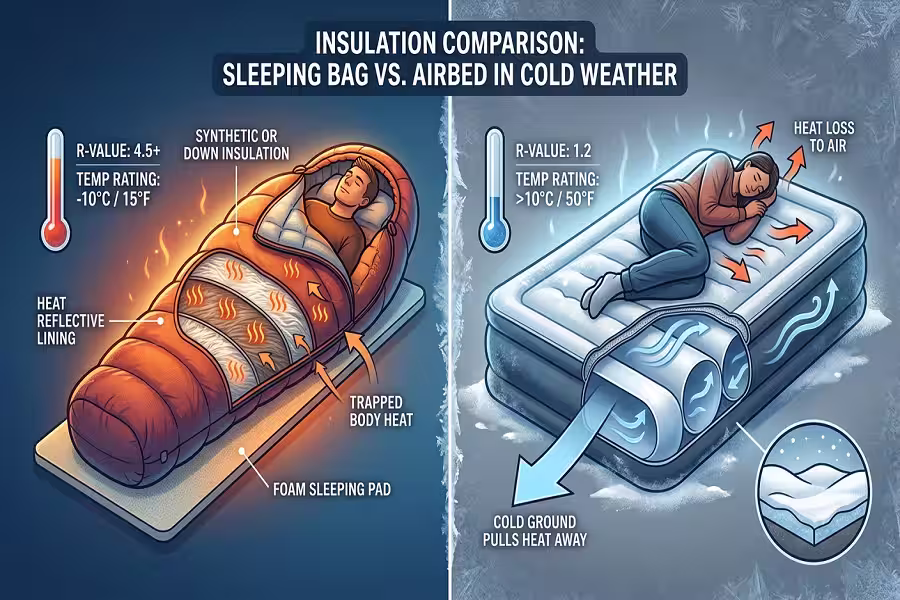 Comparing insulation of a sleeping bag and an airbed in cold weather