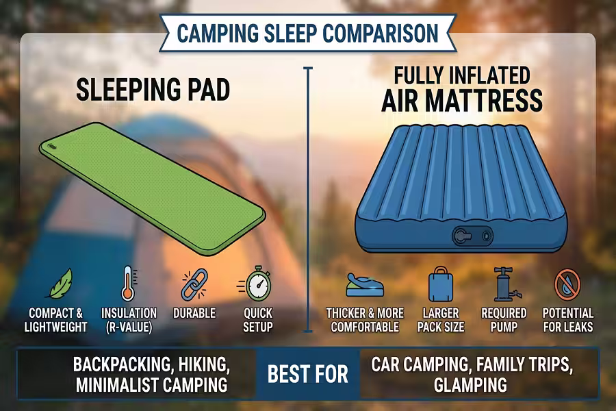Diagram comparing sleeping pad and fully inflated air mattress for camping
