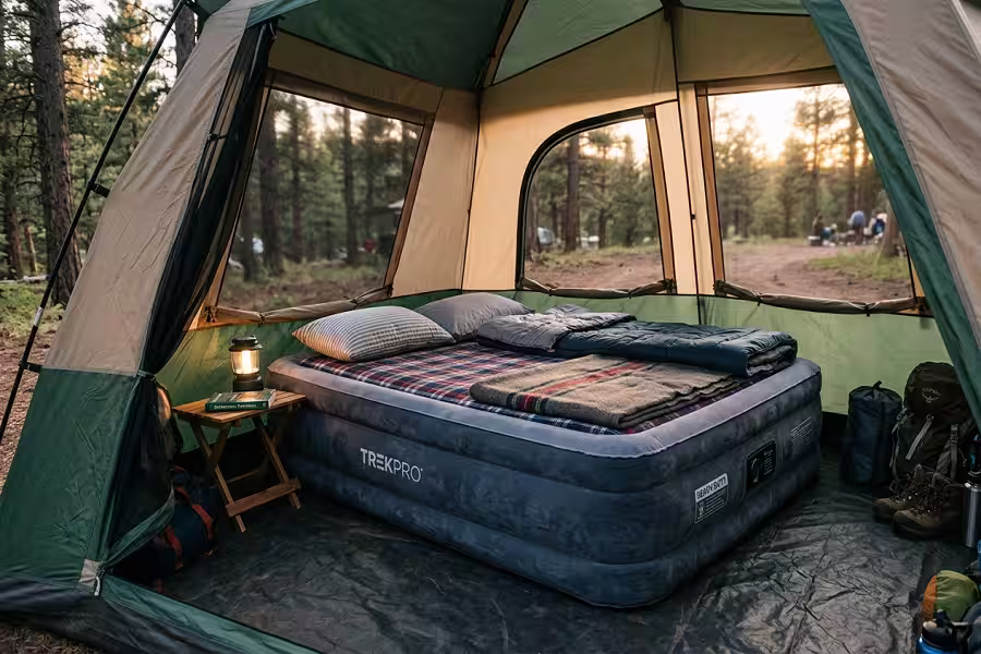 Heavy duty air mattress inside a family camping tent