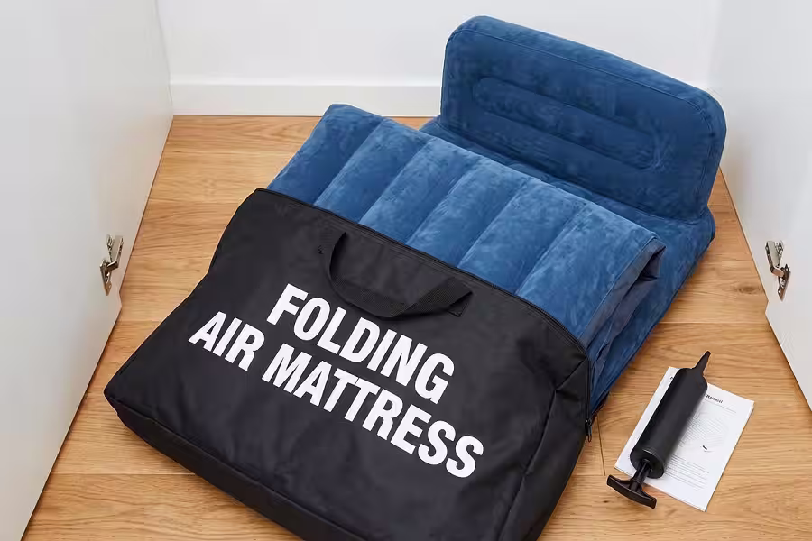How to fold and store an air mattress with headboard inside a carry bag