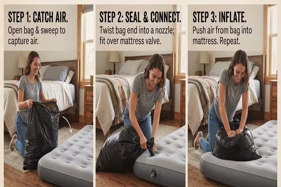 Step-by-step air mattress inflation with a trash bag