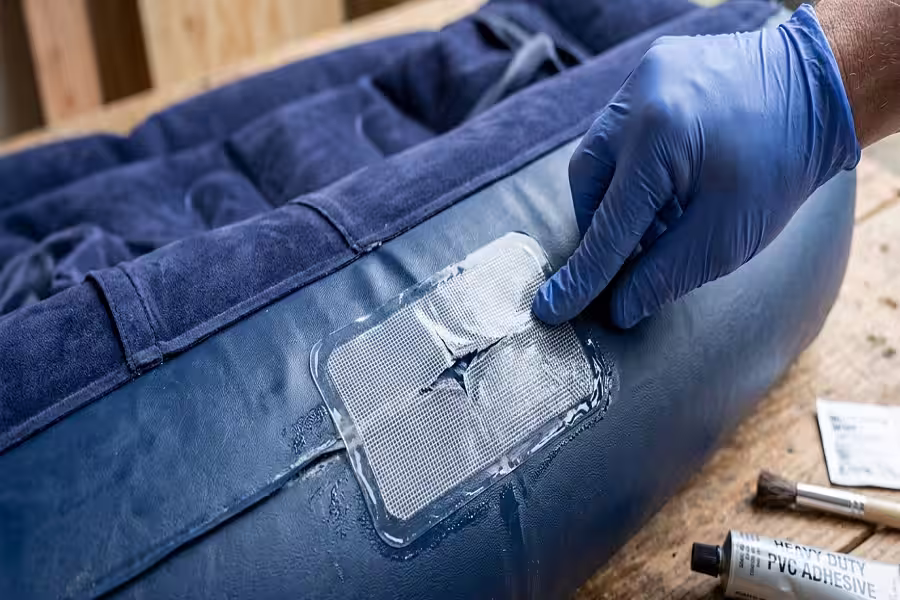 applying a heavy duty pvc repair patch on a leaking air bed seam