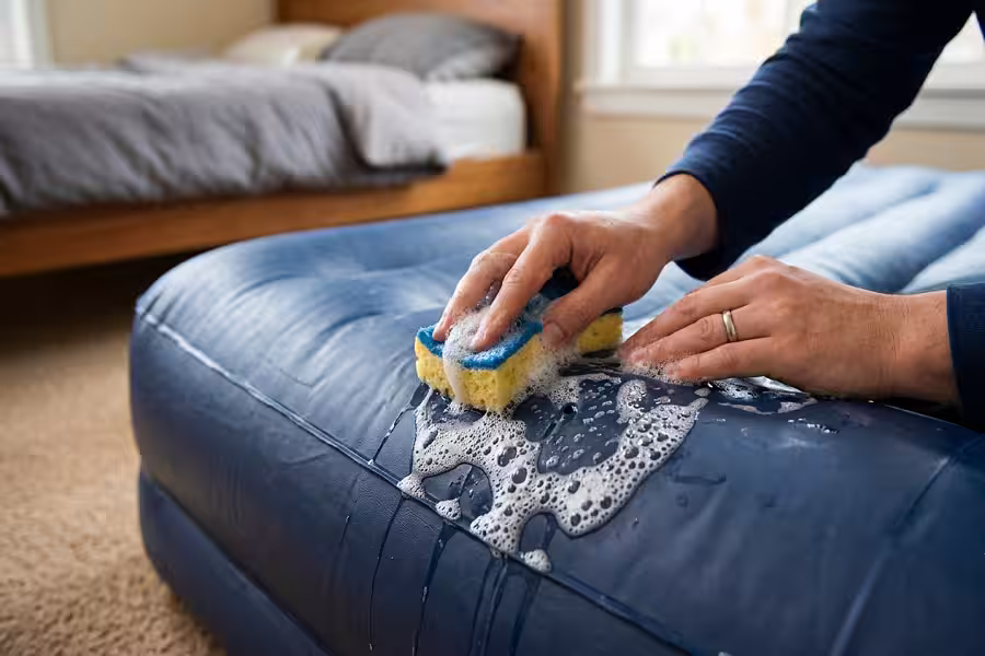Using a soapy sponge to find a leak in an air mattress