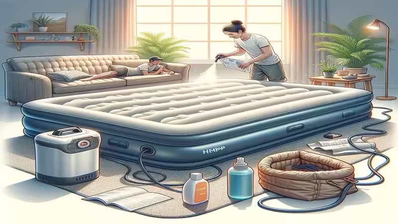 An air mattress and inflation pump placed on a bedroom floor for troubleshooting