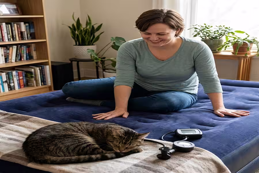 Sarah Collins, product tester at AirMattressLab, evaluating a heavy duty air mattress with her cat nearby