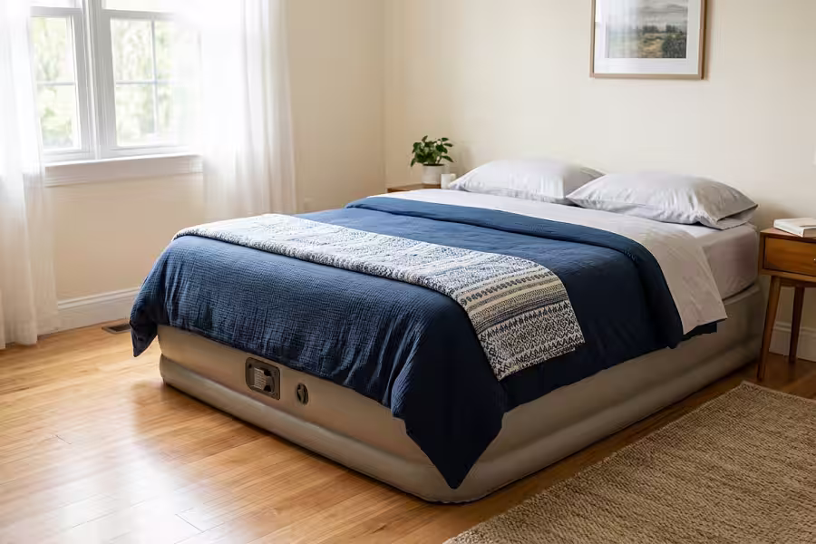 A well-maintained air mattress placed on a safe and clean surface