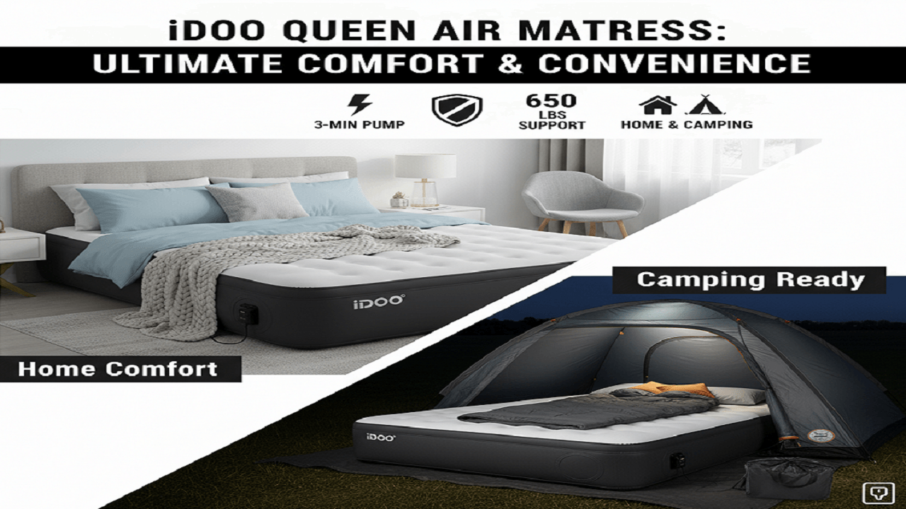 iDOO Queen Air Mattress with Built in Pump, 18 Raised Comfort Inflatable Blow up Mattress, Upgraded Four Chamber Portable Air Bed for Camping, Guests and Home, Colchon Inflable, 650