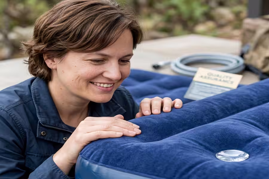 sarah collins examining the waterproof flocked top surface of an air mattress