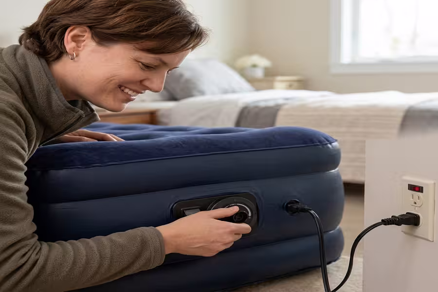 sarah collins operating the built-in 120v ac electric pump on a twin air mattress