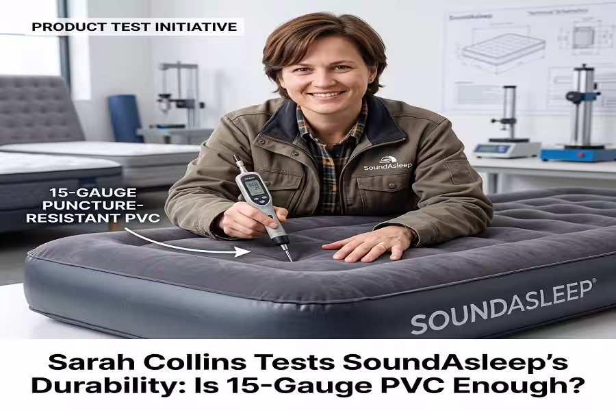 sarah collins testing the 15-gauge puncture-resistant pvc of soundasleep air mattress