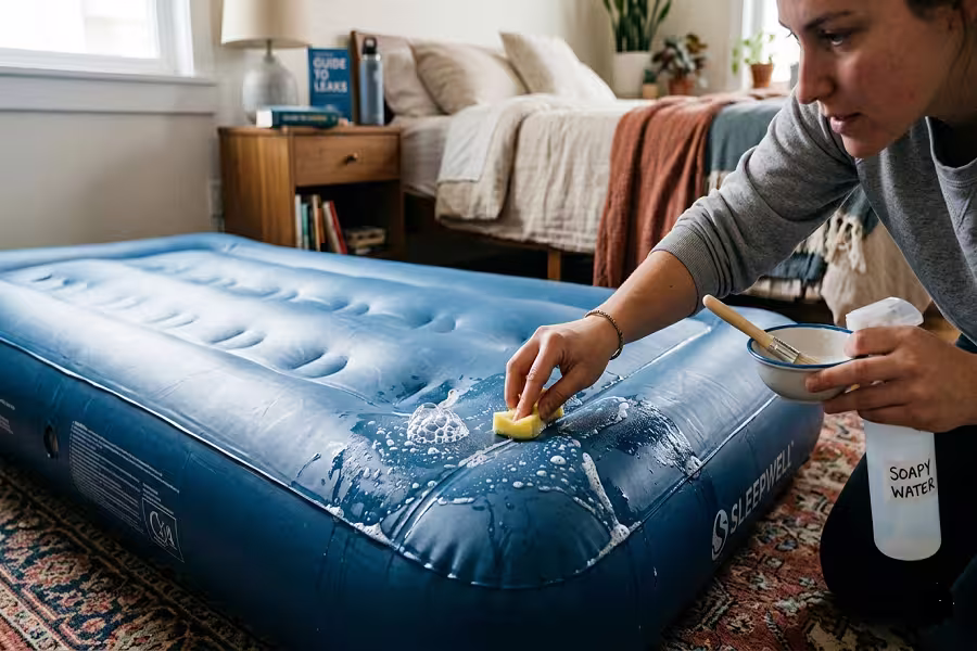 Finding a small leak on an air mattress using the soapy water method