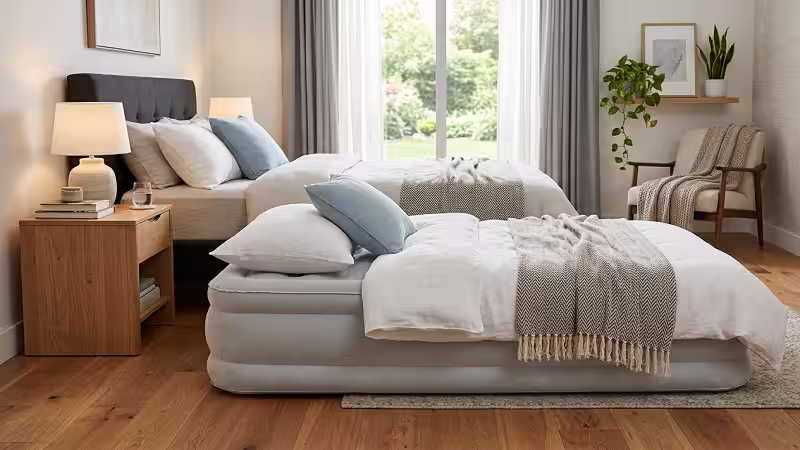 A fully inflated and comfortable air mattress inside a modern bedroomair mattress