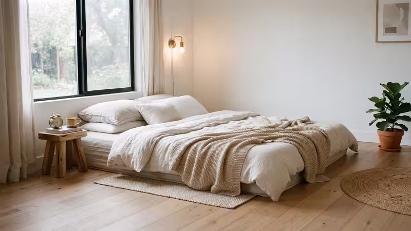Cozy and modern mattress on the floor setup in a minimalist bedroom