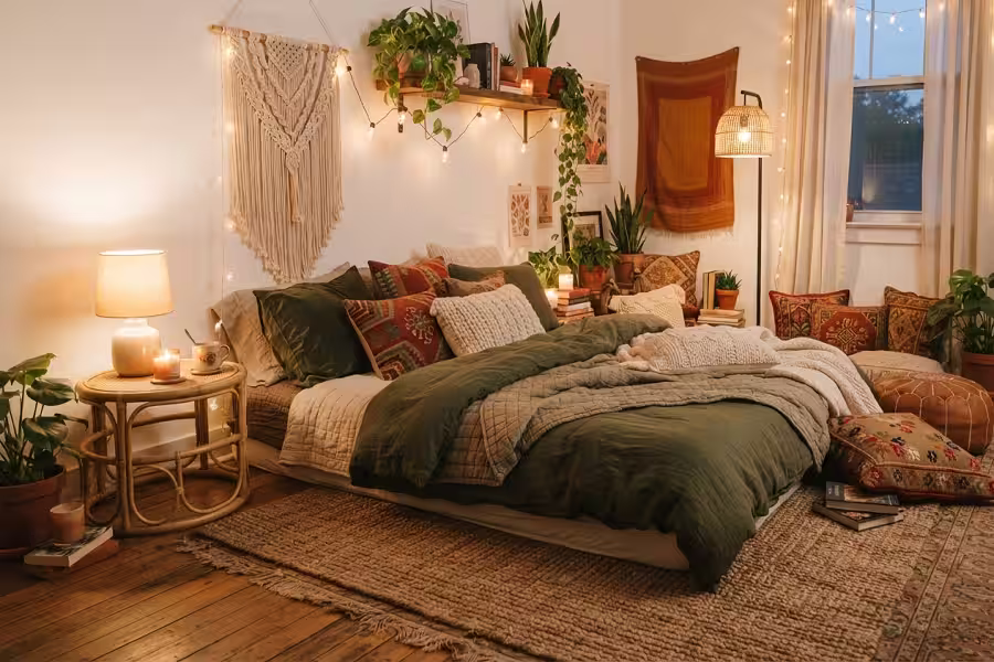 Creative styling ideas for beds on the floor with layered rugs and warm lighting
