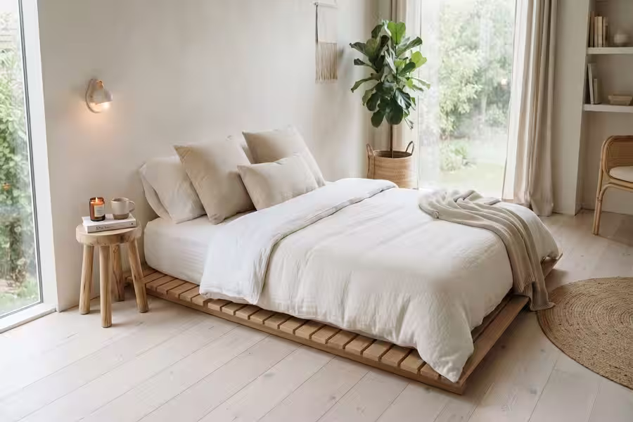 Relaxing floor bed mattress setup showing a comfortable minimalist style